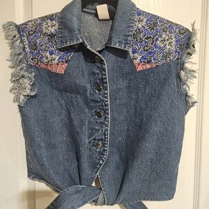 Vintage 90s Roughrider Denim Button Up Crop Top with Frayed Sleeves Tie Front